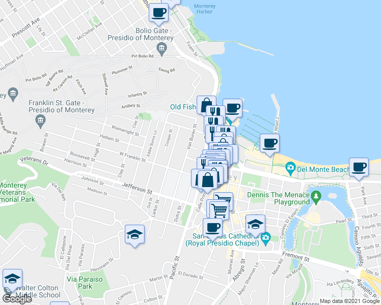 map of restaurants, bars, coffee shops, grocery stores, and more near 336 Pacific Street in Monterey