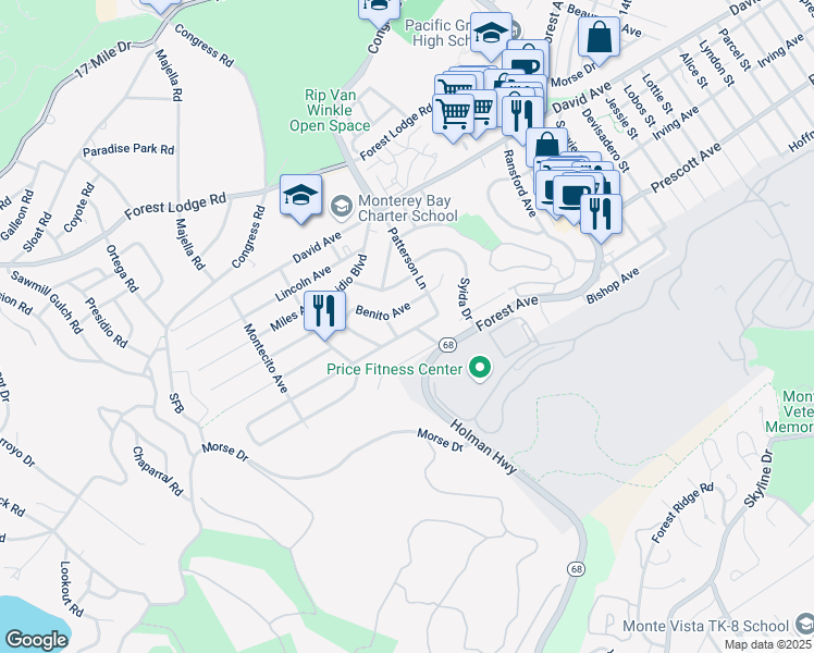 map of restaurants, bars, coffee shops, grocery stores, and more near 1230 Presidio Boulevard in Pacific Grove