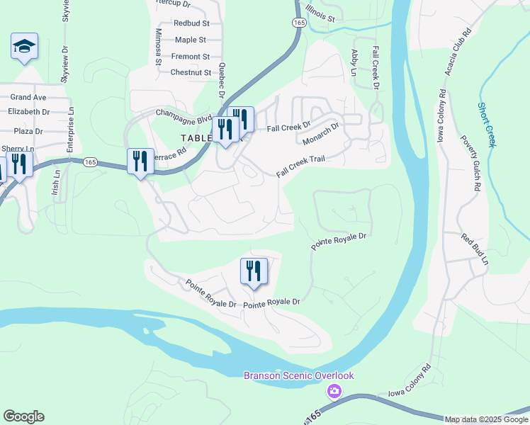 map of restaurants, bars, coffee shops, grocery stores, and more near 380 Meadow Ridge Lane in Branson