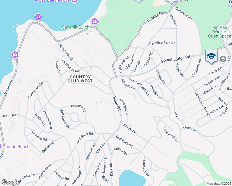 map of restaurants, bars, coffee shops, grocery stores, and more near 2943 Sloat Road in Del Monte Forest