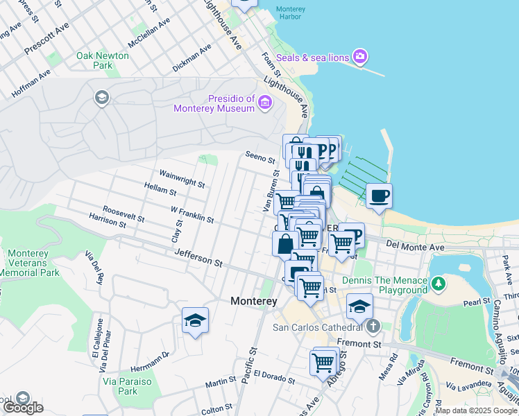 map of restaurants, bars, coffee shops, grocery stores, and more near 308 Van Buren Street in Monterey