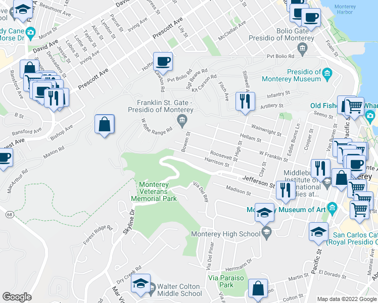 map of restaurants, bars, coffee shops, grocery stores, and more near 1176 Harrison Street in Monterey