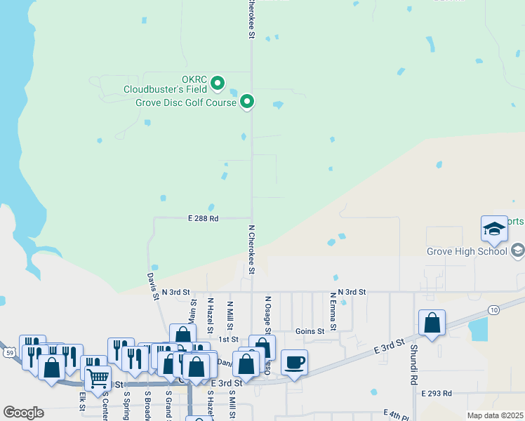 map of restaurants, bars, coffee shops, grocery stores, and more near 28705-28951 North Cherokee Street in Grove