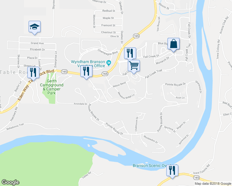 map of restaurants, bars, coffee shops, grocery stores, and more near 220 Meadow Ridge in Branson