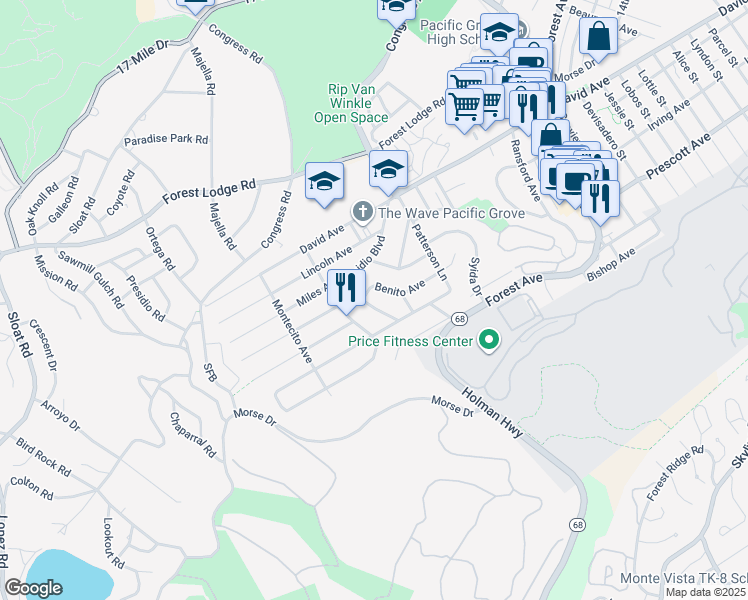 map of restaurants, bars, coffee shops, grocery stores, and more near 1171 Presidio Boulevard in Pacific Grove