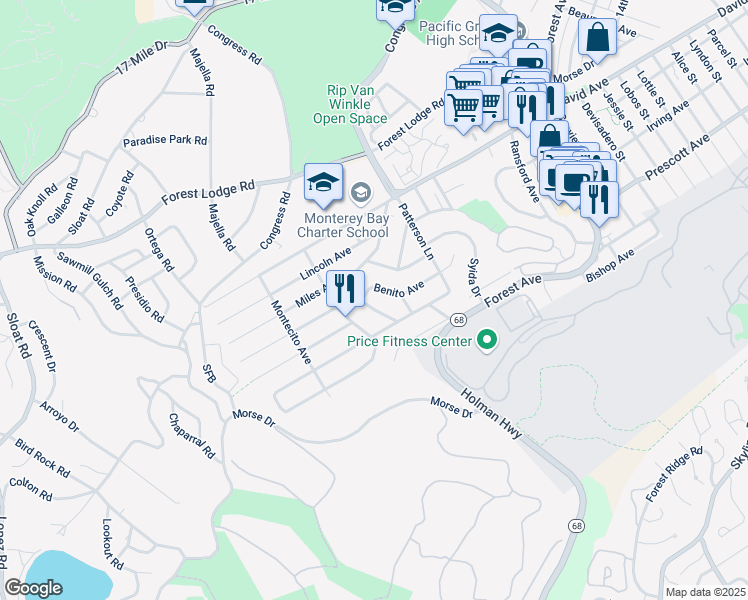 map of restaurants, bars, coffee shops, grocery stores, and more near 1171 Presidio Boulevard in Pacific Grove