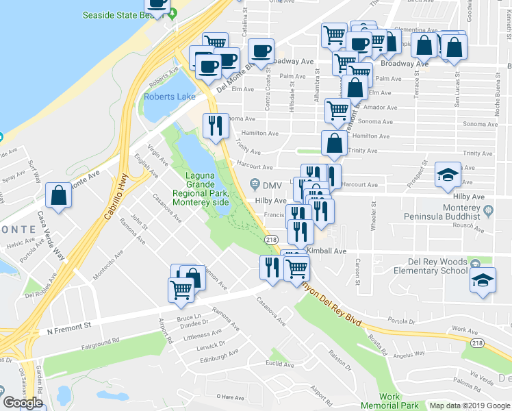 map of restaurants, bars, coffee shops, grocery stores, and more near 1145 Marin Street in Seaside