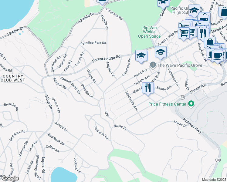 map of restaurants, bars, coffee shops, grocery stores, and more near 1321 David Avenue in Pacific Grove