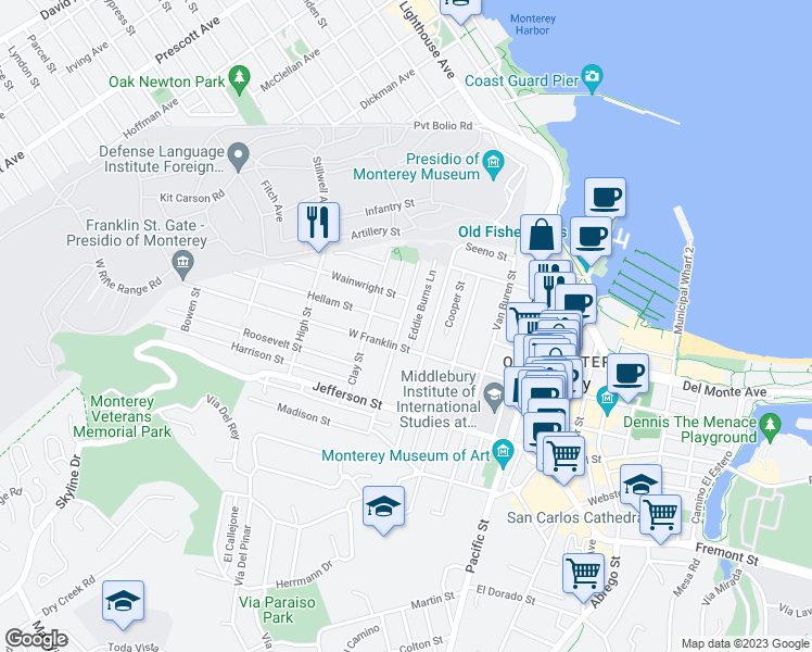 map of restaurants, bars, coffee shops, grocery stores, and more near 355 Monroe Street in Monterey