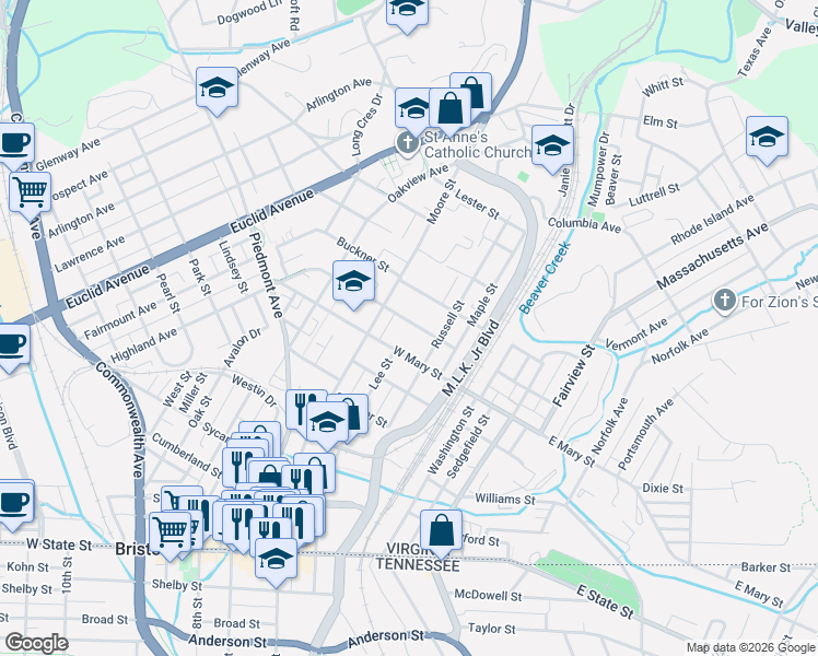 map of restaurants, bars, coffee shops, grocery stores, and more near 600-698 Russell St in Bristol