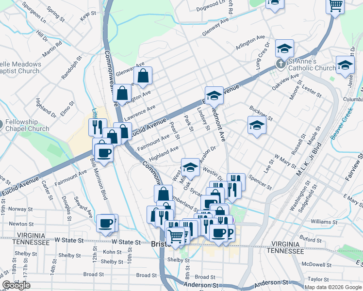 map of restaurants, bars, coffee shops, grocery stores, and more near 398 Pearl Street in Bristol