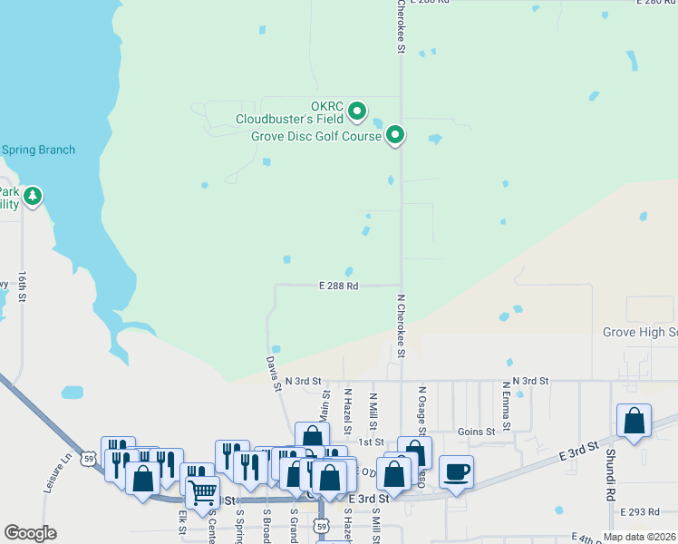 map of restaurants, bars, coffee shops, grocery stores, and more near Davis Street in Grove