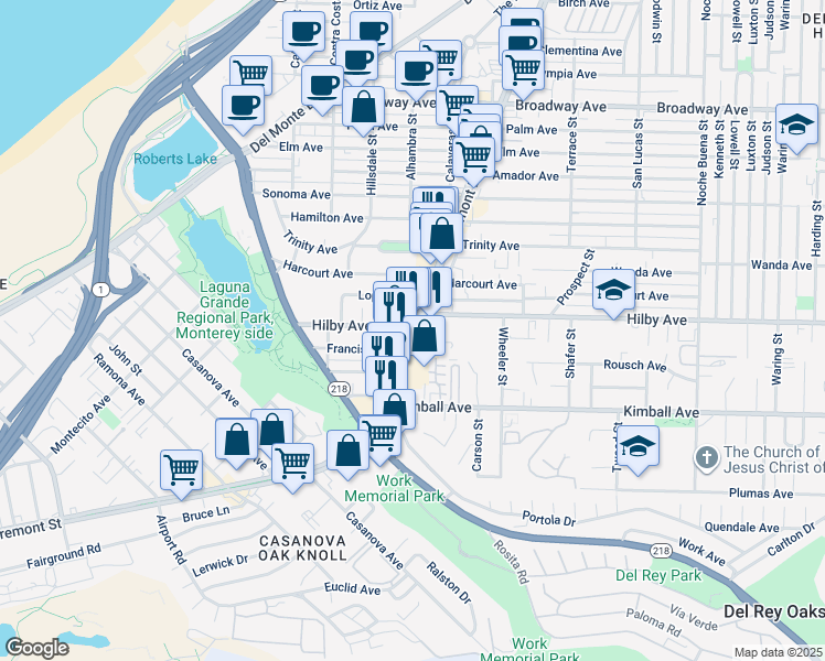 map of restaurants, bars, coffee shops, grocery stores, and more near 1173 Fremont Blvd in Seaside