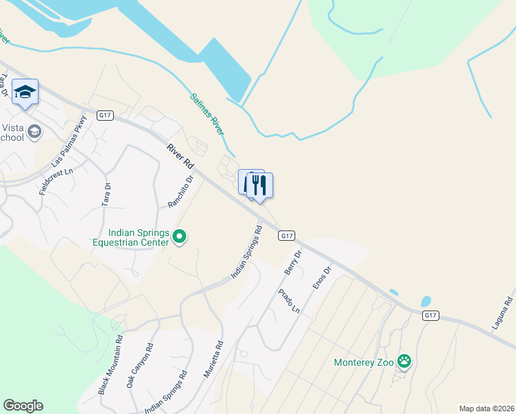 map of restaurants, bars, coffee shops, grocery stores, and more near 277 River Road in Salinas