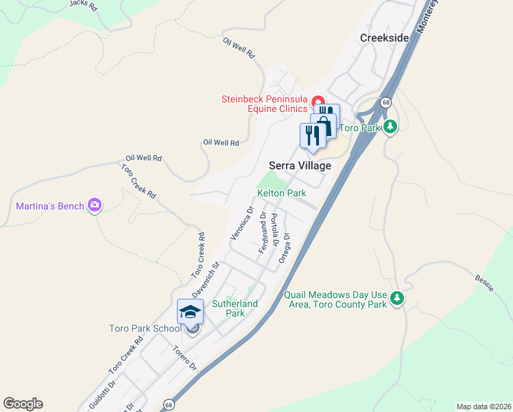 map of restaurants, bars, coffee shops, grocery stores, and more near 22486 Ferdinand Drive in Salinas