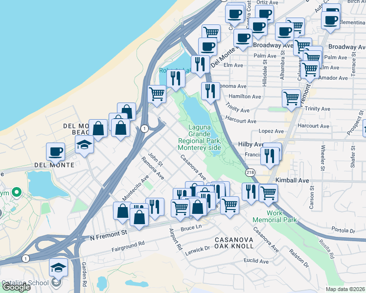 map of restaurants, bars, coffee shops, grocery stores, and more near 404 Casanova Avenue in Monterey
