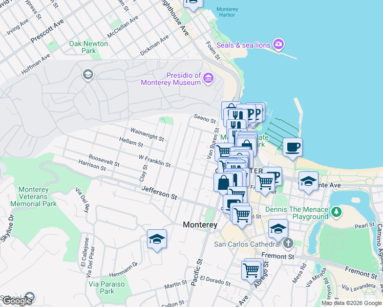map of restaurants, bars, coffee shops, grocery stores, and more near 384 Larkin Street in Monterey