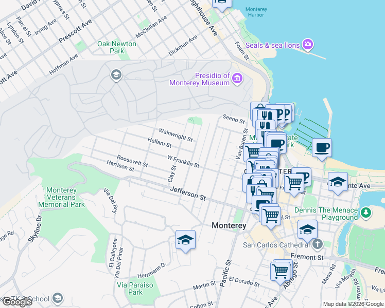 map of restaurants, bars, coffee shops, grocery stores, and more near 766 West Franklin Street in Monterey