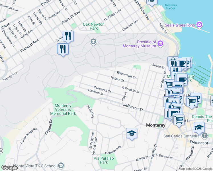 map of restaurants, bars, coffee shops, grocery stores, and more near 1004 Roosevelt Street in Monterey