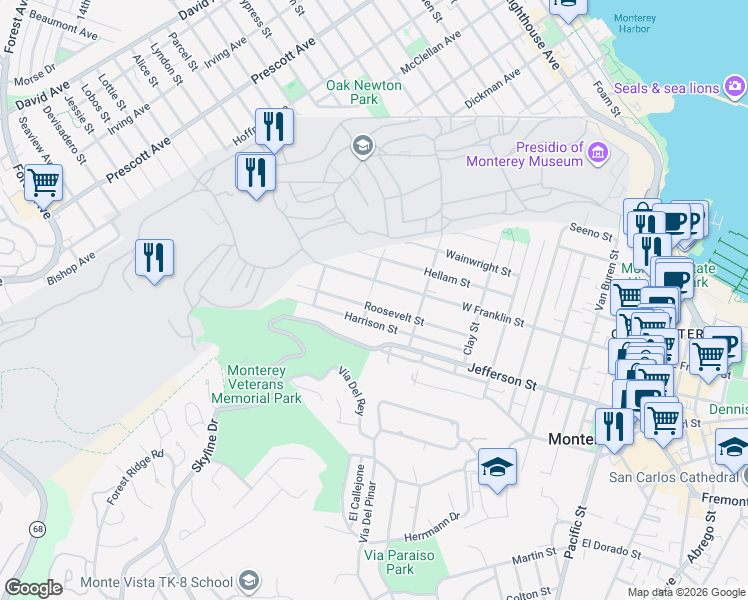 map of restaurants, bars, coffee shops, grocery stores, and more near 1071 Roosevelt Street in Monterey