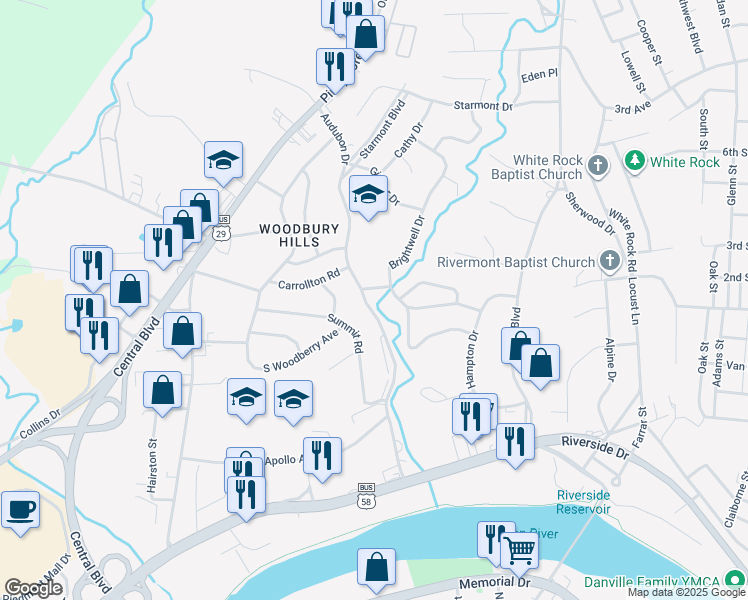 map of restaurants, bars, coffee shops, grocery stores, and more near 311 Summit Road in Danville