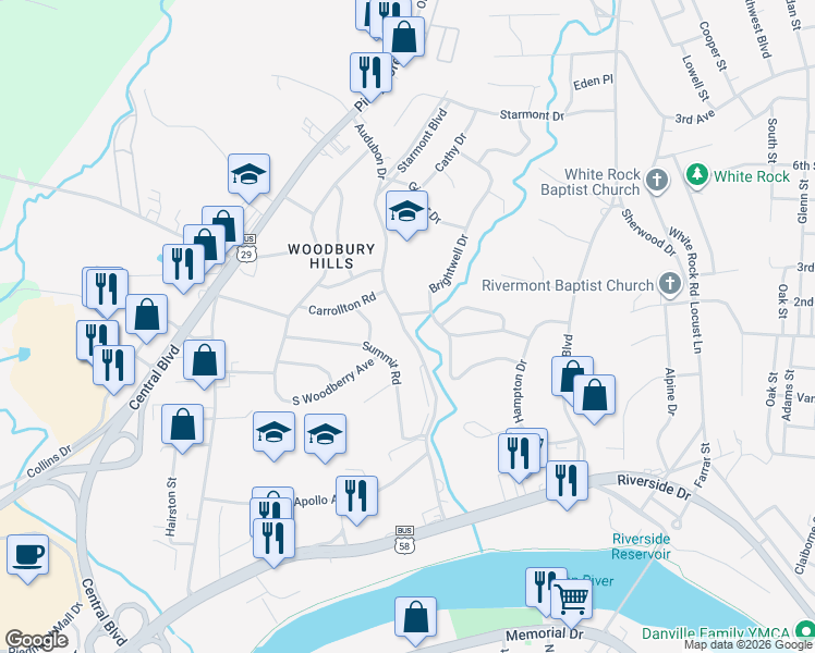 map of restaurants, bars, coffee shops, grocery stores, and more near 311 Summit Road in Danville