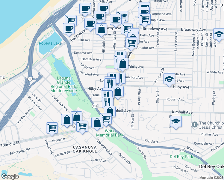 map of restaurants, bars, coffee shops, grocery stores, and more near 1173 Fremont Boulevard in Seaside