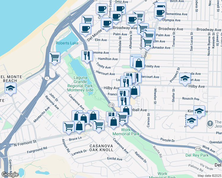 map of restaurants, bars, coffee shops, grocery stores, and more near 510 Hilby Avenue in Seaside