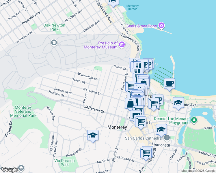 map of restaurants, bars, coffee shops, grocery stores, and more near 325 Watson Street in Monterey