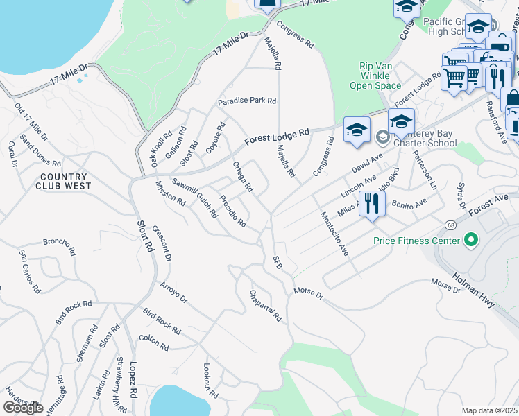 map of restaurants, bars, coffee shops, grocery stores, and more near 1086 Ortega Road in Del Monte Forest