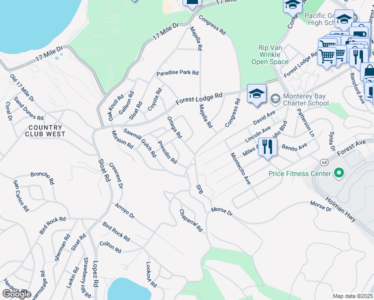 map of restaurants, bars, coffee shops, grocery stores, and more near 1086 Ortega Road in Del Monte Forest