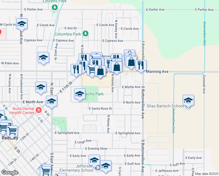 map of restaurants, bars, coffee shops, grocery stores, and more near 641 North Haney Avenue in Reedley
