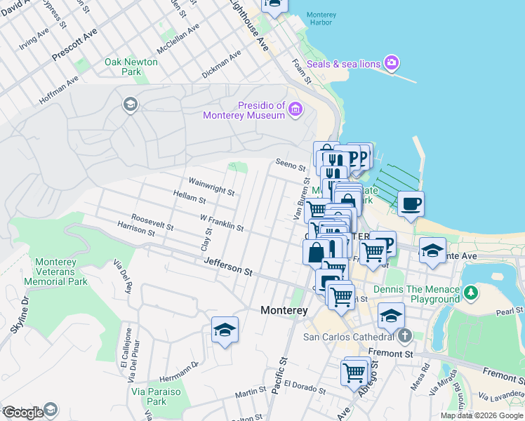 map of restaurants, bars, coffee shops, grocery stores, and more near 317 Watson Street in Monterey