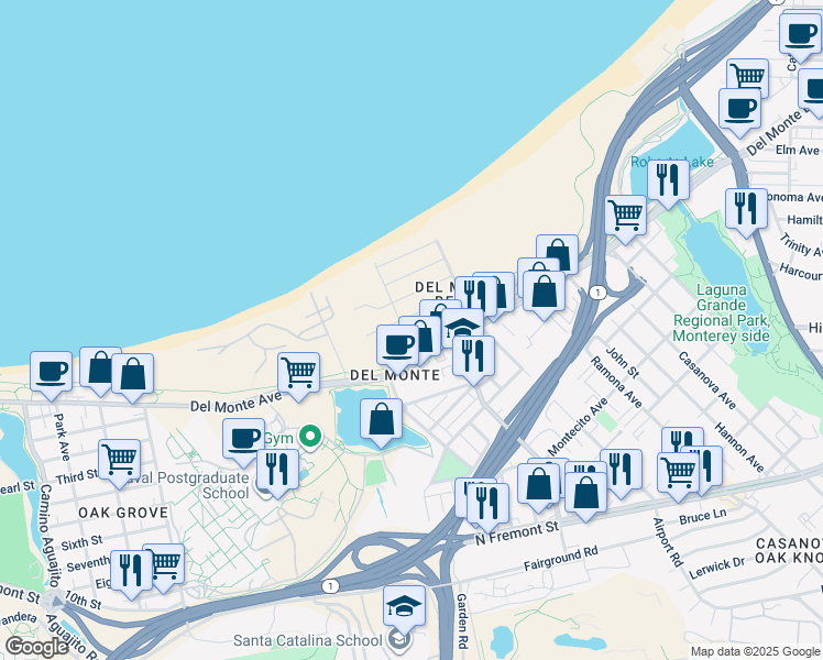 map of restaurants, bars, coffee shops, grocery stores, and more near 105 Roberts Avenue in Monterey