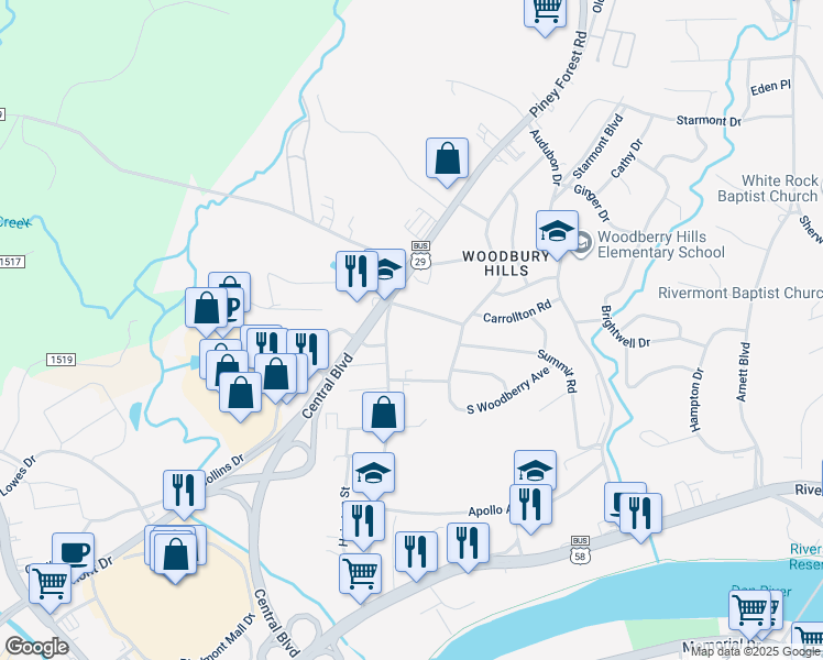 map of restaurants, bars, coffee shops, grocery stores, and more near 344 Piney Forest Road in Danville