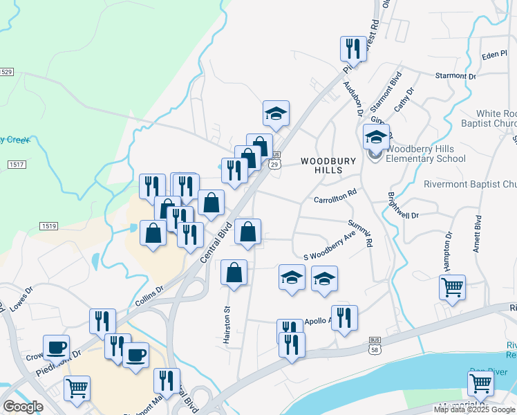map of restaurants, bars, coffee shops, grocery stores, and more near 344 Piney Forest Road in Danville