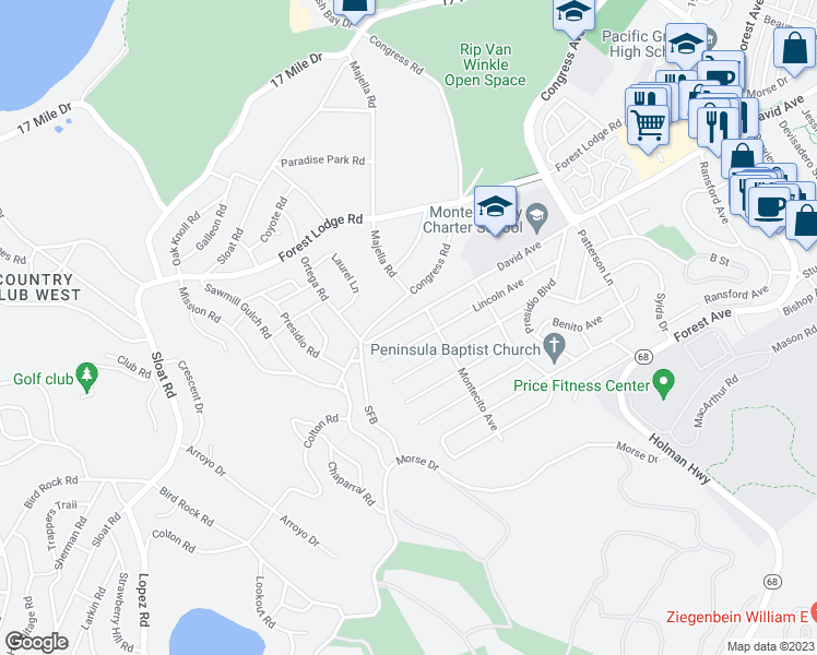 map of restaurants, bars, coffee shops, grocery stores, and more near 1313 David Avenue in Pacific Grove