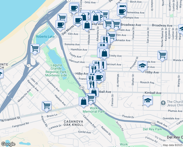 map of restaurants, bars, coffee shops, grocery stores, and more near Hilby Avenue & Theresa Street in Seaside