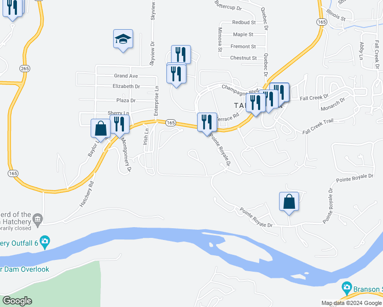 map of restaurants, bars, coffee shops, grocery stores, and more near 259 Buckingham Drive in Branson