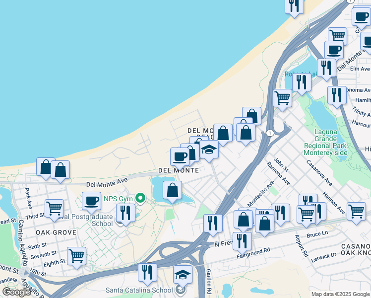 map of restaurants, bars, coffee shops, grocery stores, and more near 105 Roberts Avenue in Monterey
