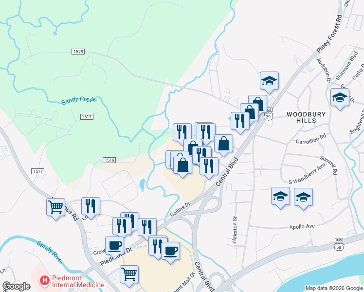 map of restaurants, bars, coffee shops, grocery stores, and more near 155 Holt Garrison Parkway in Danville