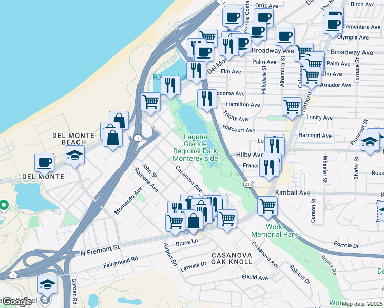 map of restaurants, bars, coffee shops, grocery stores, and more near 420 Virgin Avenue in Monterey