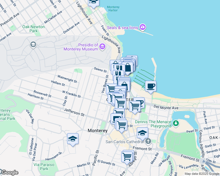 map of restaurants, bars, coffee shops, grocery stores, and more near 450 Jackson Street in Monterey