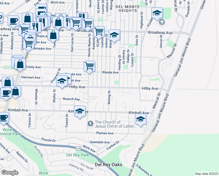 map of restaurants, bars, coffee shops, grocery stores, and more near 1225 Flores Street in Seaside