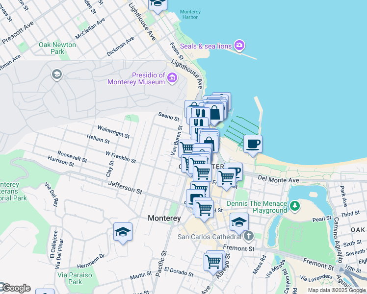 map of restaurants, bars, coffee shops, grocery stores, and more near 439 Scott Street in Monterey