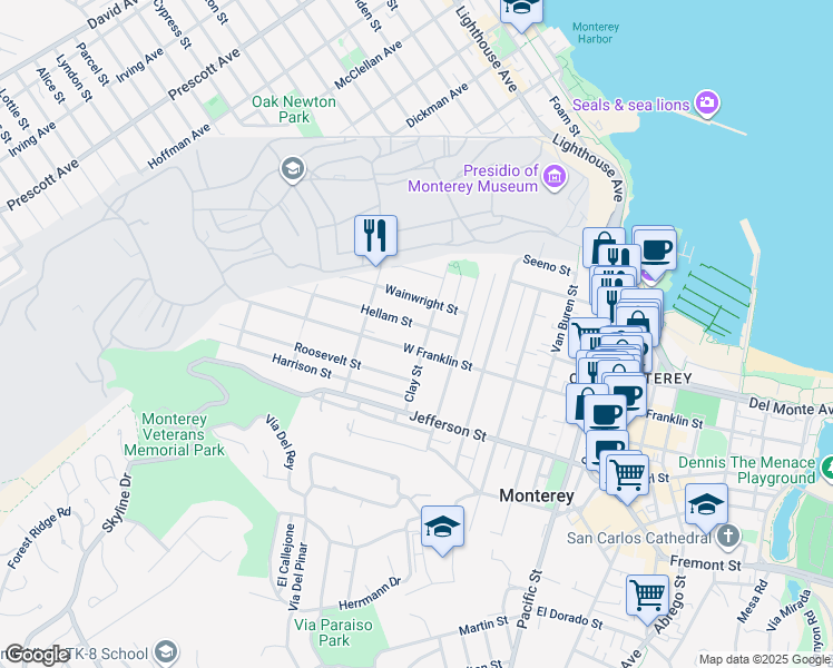 map of restaurants, bars, coffee shops, grocery stores, and more near 318 Clay Street in Monterey