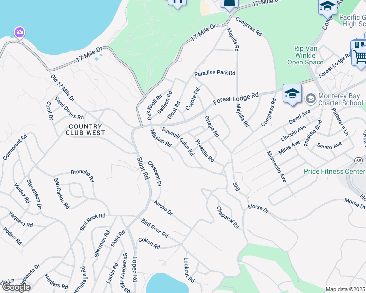 map of restaurants, bars, coffee shops, grocery stores, and more near 1076 Sawmill Gulch Road in Del Monte Forest