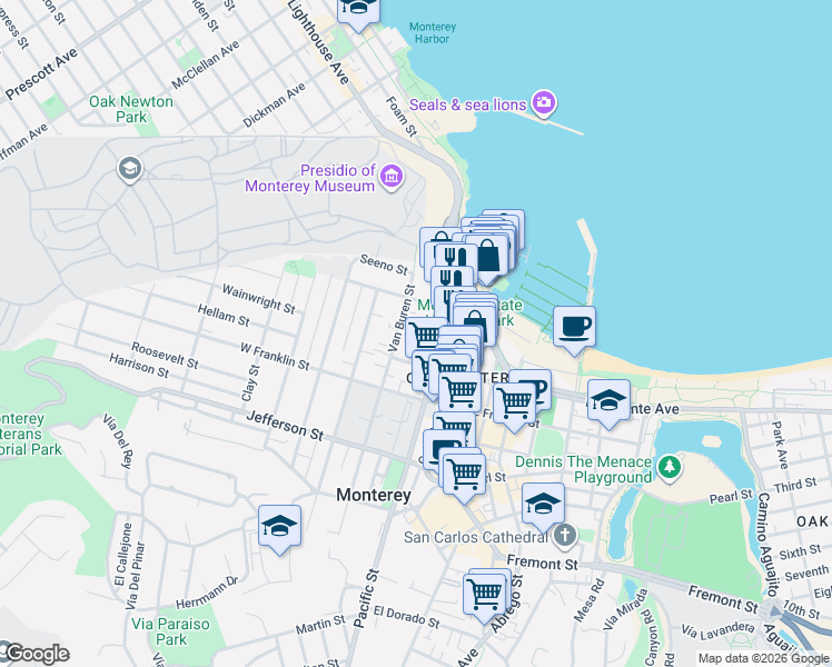 map of restaurants, bars, coffee shops, grocery stores, and more near 439 Scott Street in Monterey