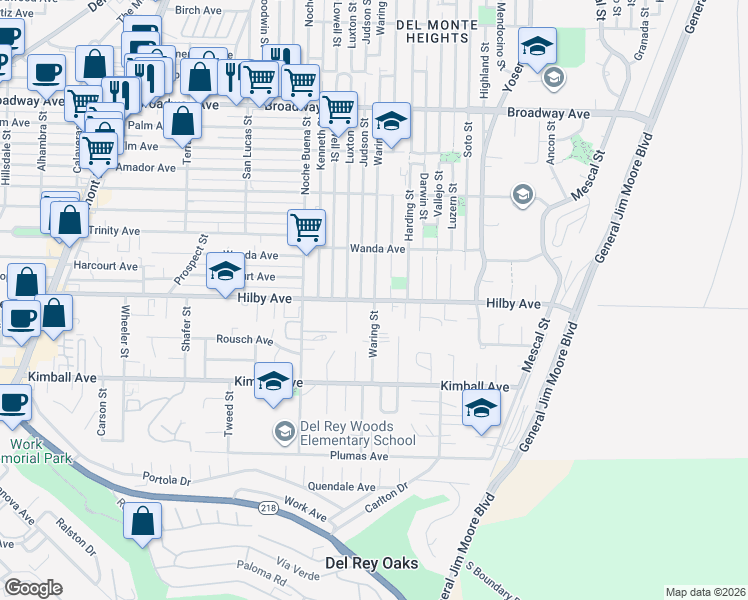 map of restaurants, bars, coffee shops, grocery stores, and more near 1201 Waring Street in Seaside