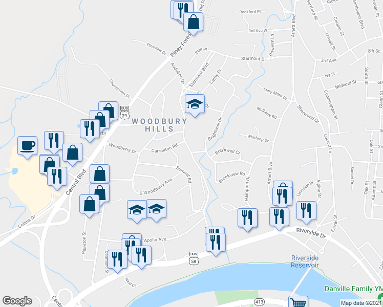 map of restaurants, bars, coffee shops, grocery stores, and more near 301 Audubon Drive in Danville
